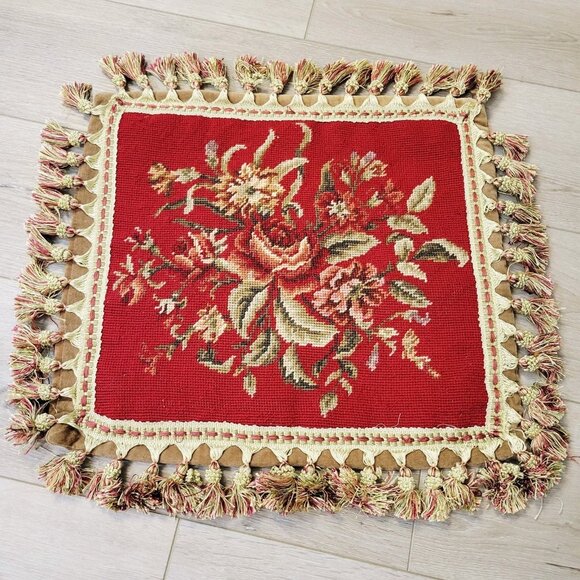Vtg Wool Floral Needlepoint Hand Embroidery Pillow Case Sham Tassel Trim 17 x 15 - Picture 1 of 6